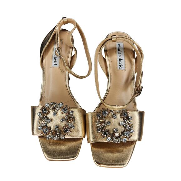 Charles David Rose Gold High Heel Sandal Square Toe Rhinestones Leather - Picture 3 of 6